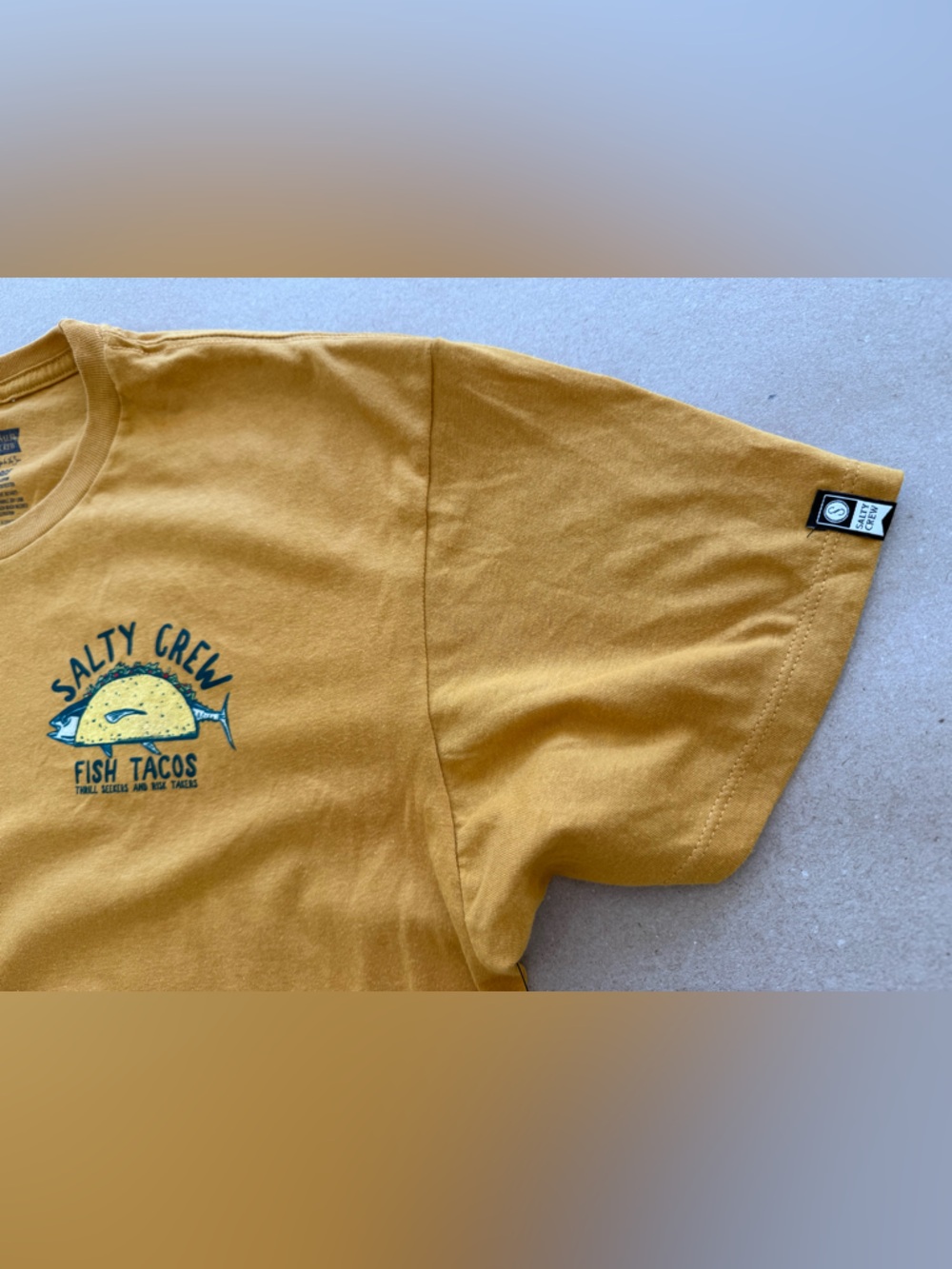Salty Crew — Mustard Yellow Fish Tacos Cropped Tee — Size XL - Picture 3 of 6